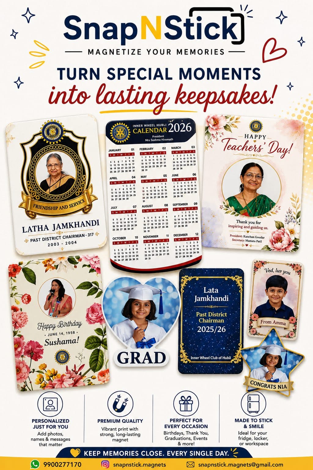 SNAPnSTICK catalogue poster showing eight sample magnets across different occasions