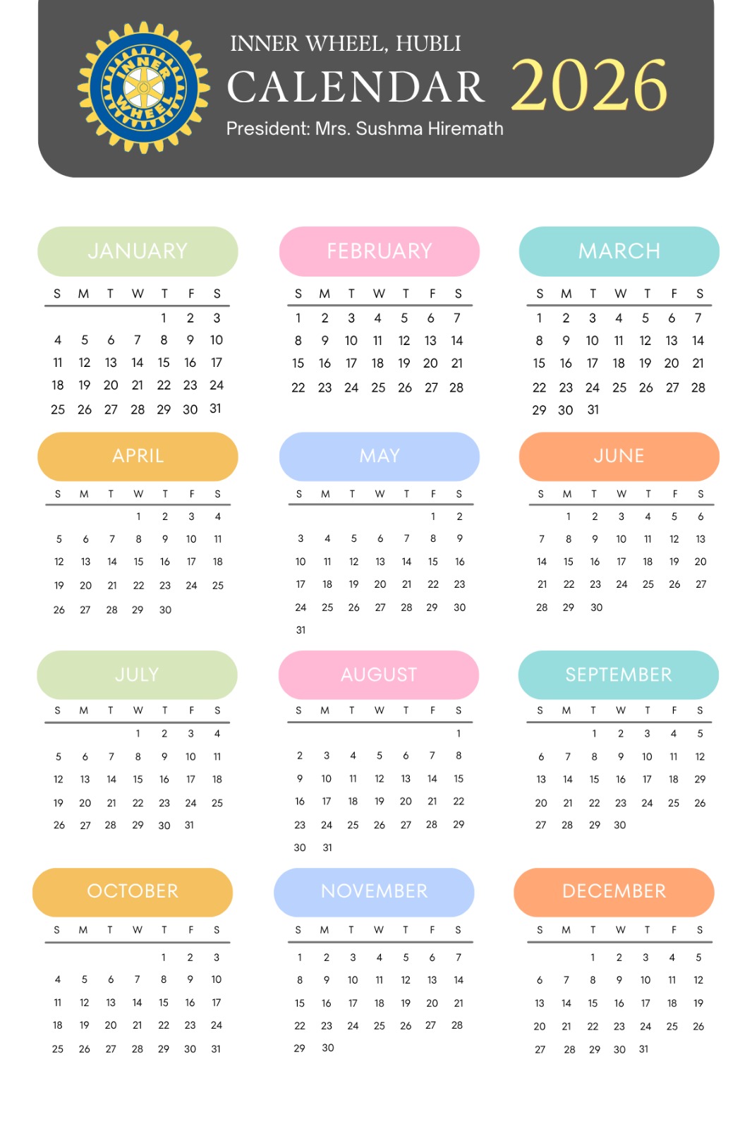 Custom 2026 calendar fridge magnet for Inner Wheel Hubli