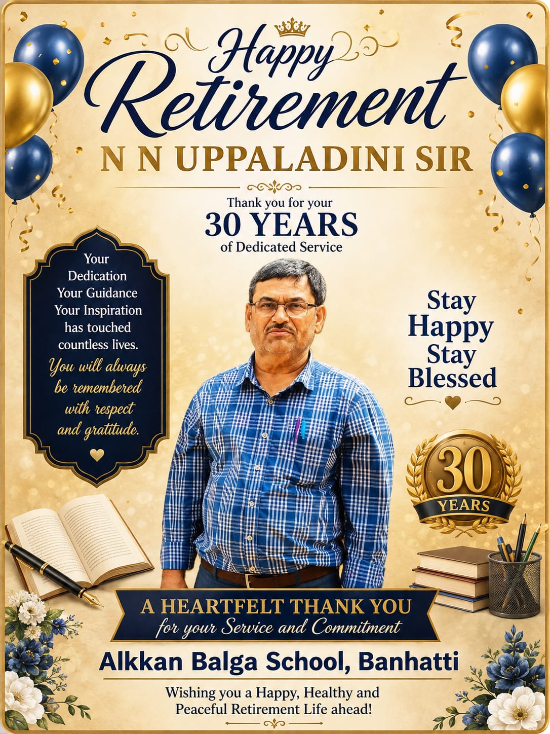 Navy and gold happy retirement photo magnet marking thirty years of school service